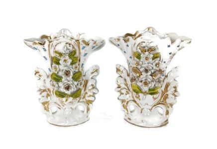 Couple Antique Vieux Paris Porcelain Fan Flair Bridal Vases Flower Bouquet French beautiful