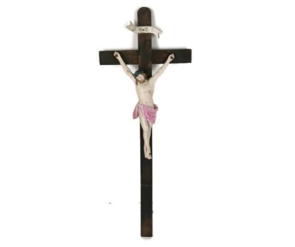 antique hanging crucifix wooden cross Porcelain d'Andenne Corpus Belgium