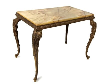 Modernist Hollywood regency Side Occasional Coffee wine Table Marble top brass  legs