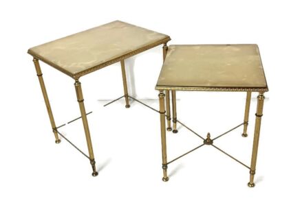 set of 2 nesting stacking tables Hollywood regency marble tops brass legs vintage