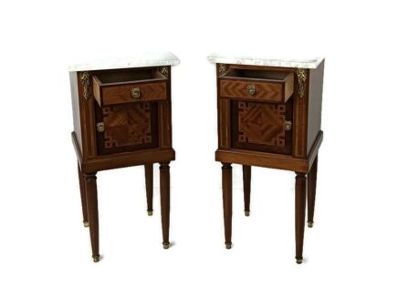 stunning vintage pair of Nightstands end tables cabinets Inlay wood marble top WOW