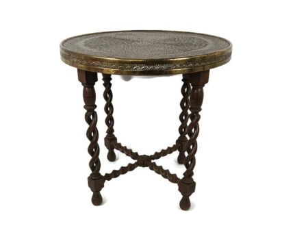 Open Barley Twist Wooden Side Wine Table Pedestal Plant Stand Faux Brass Top Ornate vintage