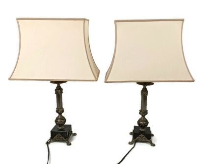 Vintage pair of Desk Table Nightstand lamps spelter Marble base working 