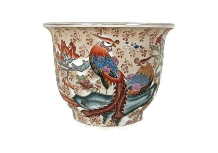 Vintage Chinese Porcelain Enamel Famille Rose   Bowl Planter Vase  Cachepot Flowers birds of paradise