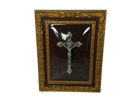 Vintage Wooden Plaster   Ornate Frame Convex Glass Dome Crucifix on red velvet gorgeous