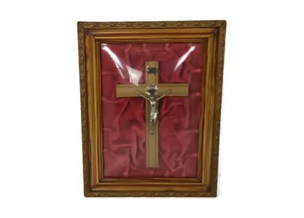 Vintage Wooden  Ornate Frame Convex Glass Dome Crucifix on red velvet 