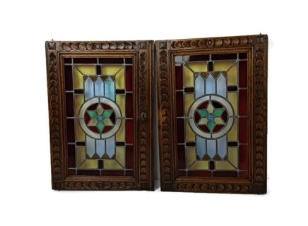 Pair Antique Wooden Leaded glass Prairie Style Door Panels  Reclaimed Architectural wow