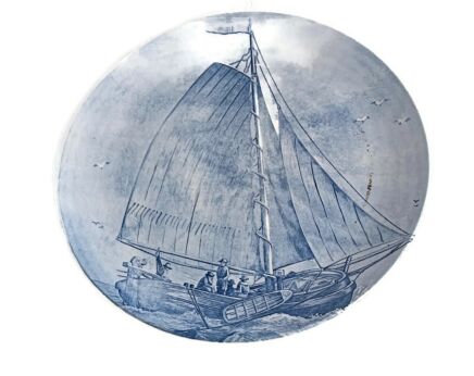 Hand-painted Delft Blue charger Plate  Dutch seascape  sailing Boat Delftse Schouw marked vintage 