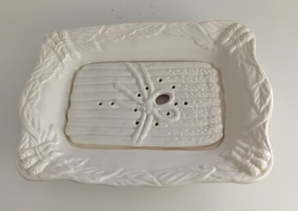 French vintage asparagus dish - two pieces. White ceramic. Serving plate, dinnerware, majolica barbotine plate. France.