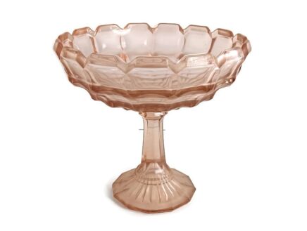 Pink Depression glass cake stand Tray centerpiece antique art deco Pressed glass Scailmont Belgium