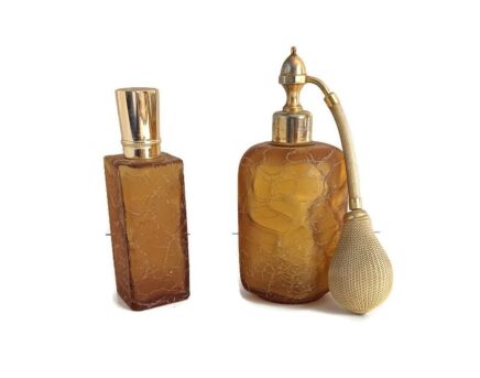 two Marcel Franck perfume lotion bottles atomizer vanity flacon Paris glass signed vintage 