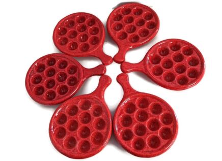 Set of 6 French Escargots Snail Plates Dishes Ceramic Red Stylish two handles rare