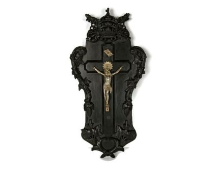Hand Carved Wood Hanging Ornate Crucifix Jesus Christ Spelter Corpus Black forest style vtg