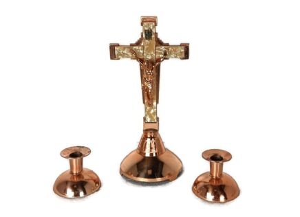 3 piece  Altar Set Crucifix Candle holders  candle sticks faux marble copper look vintage
