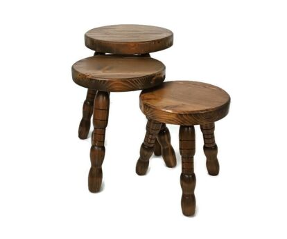 set of 3 milking stools pedestals carved wood matching set side tables vintage barn style