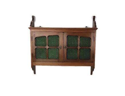 Large wall hanging cabinet carved wood French Oak Bubbled green Glass art deco antique 