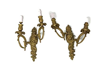 pair double wall sconces lights wall hanging ornate brass putti Cherubs 