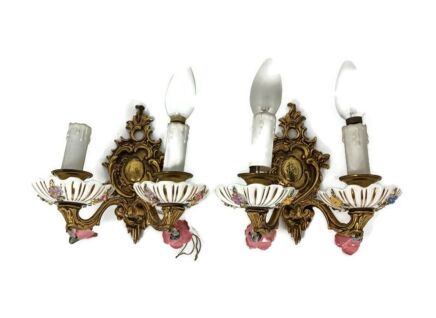 italian pair Double wall sconces Light wall hanging  PInk small porcelain flowers Brass vintage