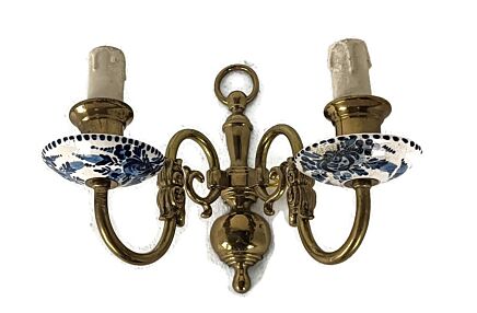 Delft blue white Vintage porcelain brass Two-Arm Double Wall Sconce Light