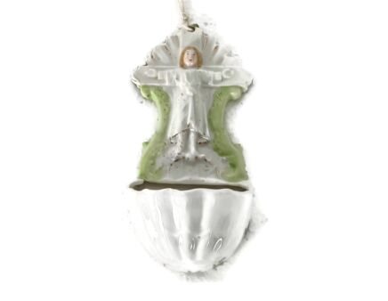 small porcelain antique holy water font vessel Jesus Christ lovely wall hanging