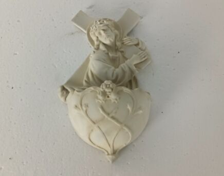 Antique Holy Water font Vessel  Bisque Porcelain Jesus Christ carrying Cross Crucifix 