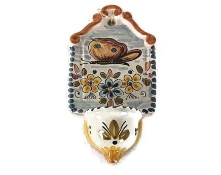 Vintage Polychrome marife holy water font vessel ceramic Butterfly lovely hand painted