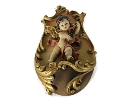 Vintage holy water font vessel wall hanging angel playing musical instrument polychrome lovely