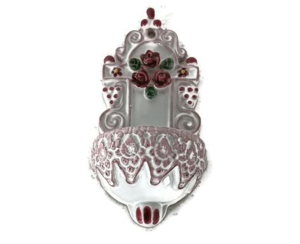 lovely sweet vintage ceramic holy water font vessel small flowers wall hanging Christianity