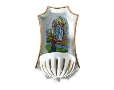 vintage porcelain holy water font vessel wall hanging Lourdes France Our lady of Lourdes 
