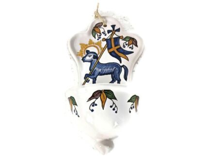 lovely vintage holy water font vessel polychrome Lamb of God, hand painted marked 