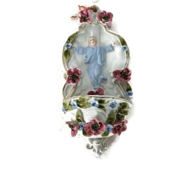 beautiful antique porcelain holy water font porcelain flowers Jesus Risen Lord wall hanging