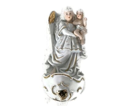 vintage Holy water font vessel porcelain Angel carrying Infant Christianity