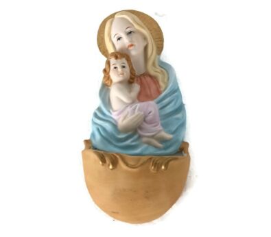 vintage Holy water font vessel lovely Virgin Mary Madonna with Infant porcelain 