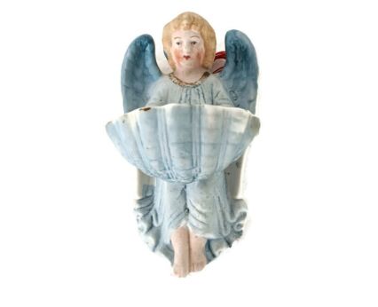 small vintage Holy water font vessel, wall hanging, angel, pastel Christianity