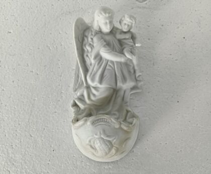 beautiful antique wall hanging Holy water font, Vessel bisque, porcelain, angel with Infant