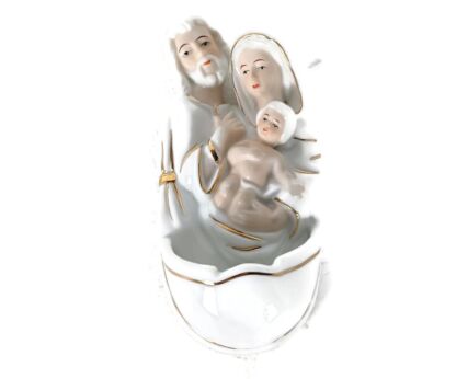 vintage porcelain holy water font, vessel, Holy Family wall hanging Christianity