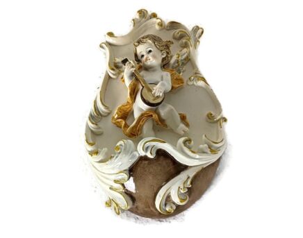 vintage lovely Holy water font porcelain Angel playing musical instrument vessel wall hanging