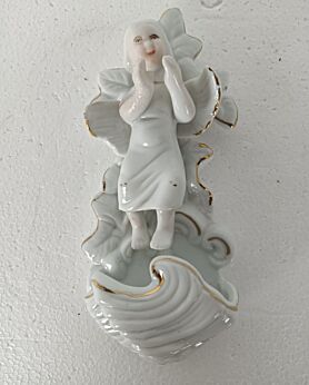 porcelain vintage holy water font, vessel, angel, white gold, wall hanging