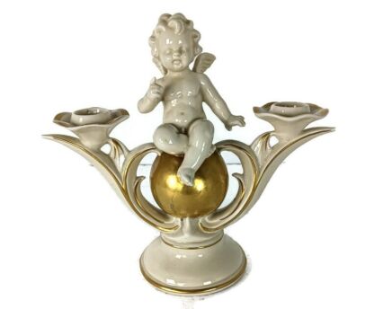 Carl Scheidig porcelain vintage candelabra double candle holder putti angel eagle lovely marked