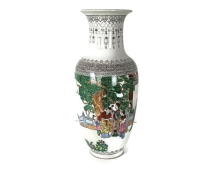 Chinese trumpet vase hand painted vintage Family Rose women with Children Caligraphy 