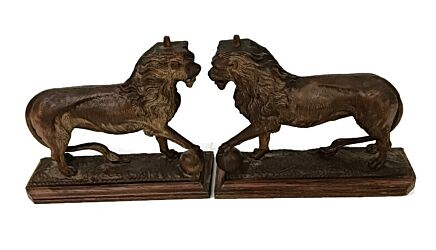 Stunning antique hand carved wood Figurines pair Lions large trims reclaimed architectural