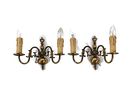 modernist  Couple Pair Brass Two-Arm Double Wall Mount Sconces lights Flemish Dutch