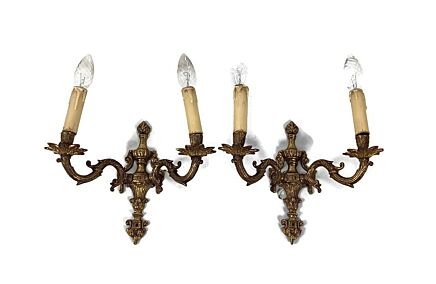 pair of double wall lights sconces brass ornate hollywood regency vintage lovely 