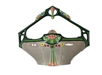 Art nouveau faience pottery ceramic centerpiece basket marked jardiniere