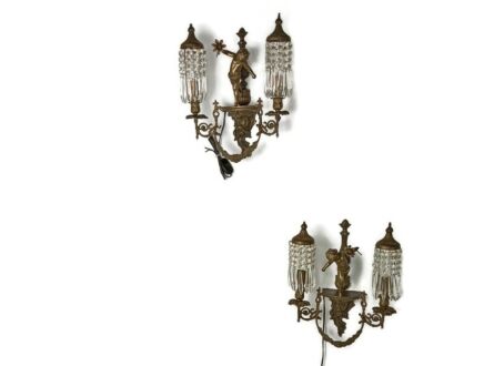beautiful antique Wall sconces pair lights lamps French Cherub Angels prisms brass 