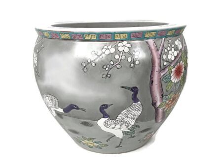Vintage Chinese Porcelain Koi Fish Bowl Planter Vase Cachepot Flower Pot shades of grey