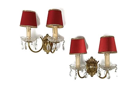 Lovely couple double wall sconces lights lamps red shades glass bobeches prisms brass vintage