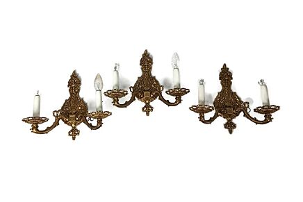 set of 3 ornate brass double wall sconces lights vintage Beautiful 