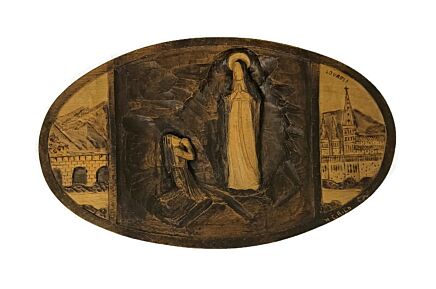 hand carved wooden wall plaque hanging Lourdes France signed 