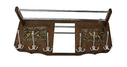 Vintage modernist wooden coat hat rack brass plaques trim deer railroad rack